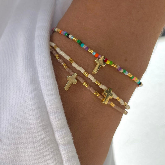 Cross Gold Plated Beaded Bracelet-Gypsytear