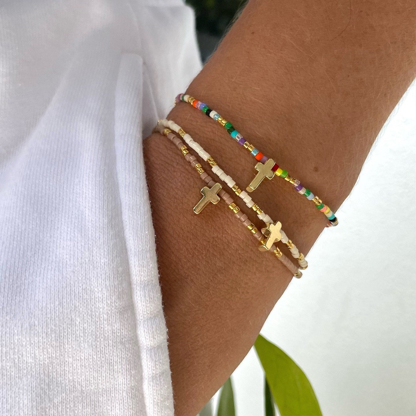 Cross Gold Plated Beaded Bracelet-Gypsytear