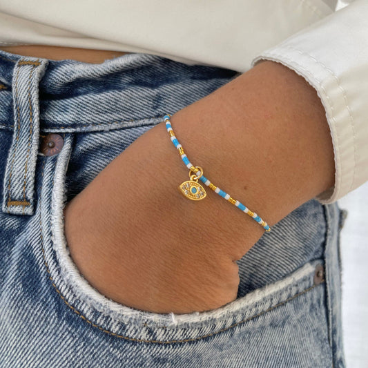 Oko 24k Gold Plated Evil Eye Charm Beaded Bracelet-Gypsytear