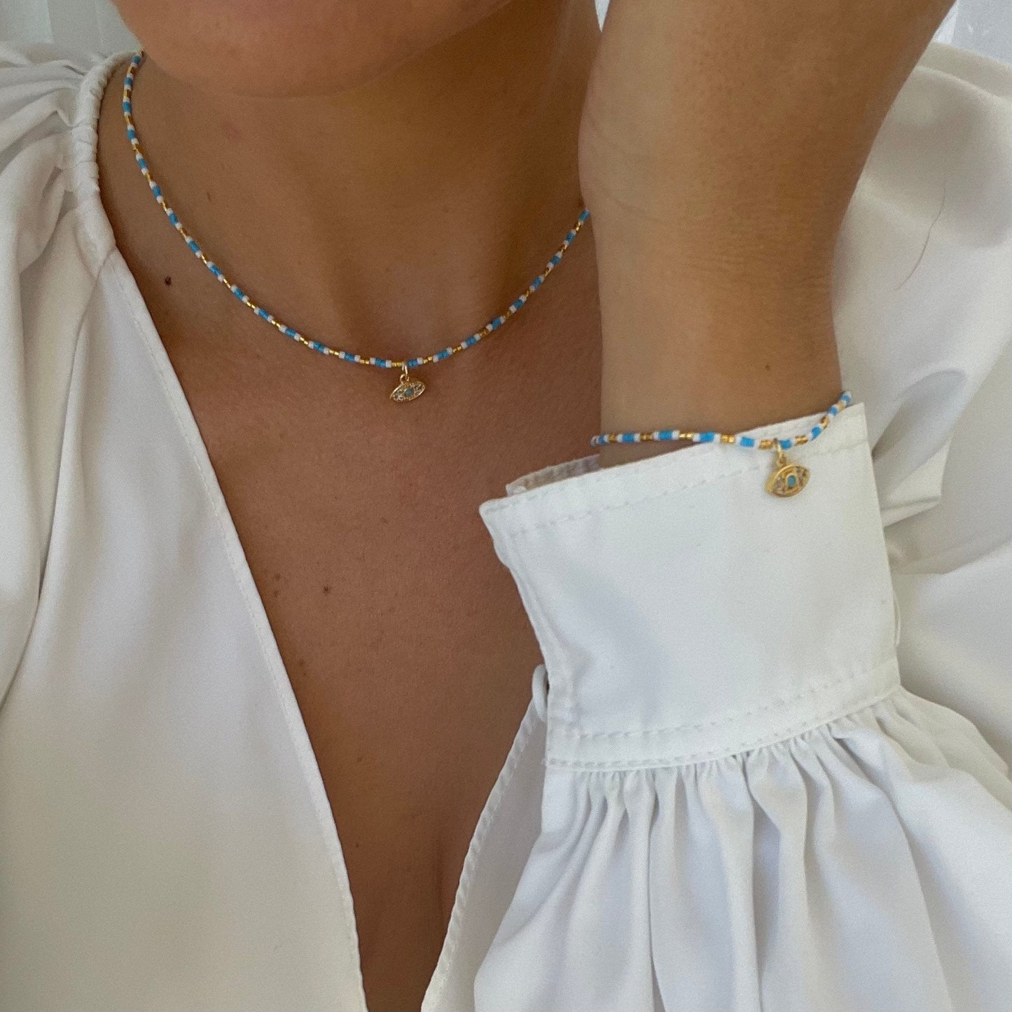 Oko 24k Gold Plated Evil Eye Charm Beaded Bracelet-Gypsytear