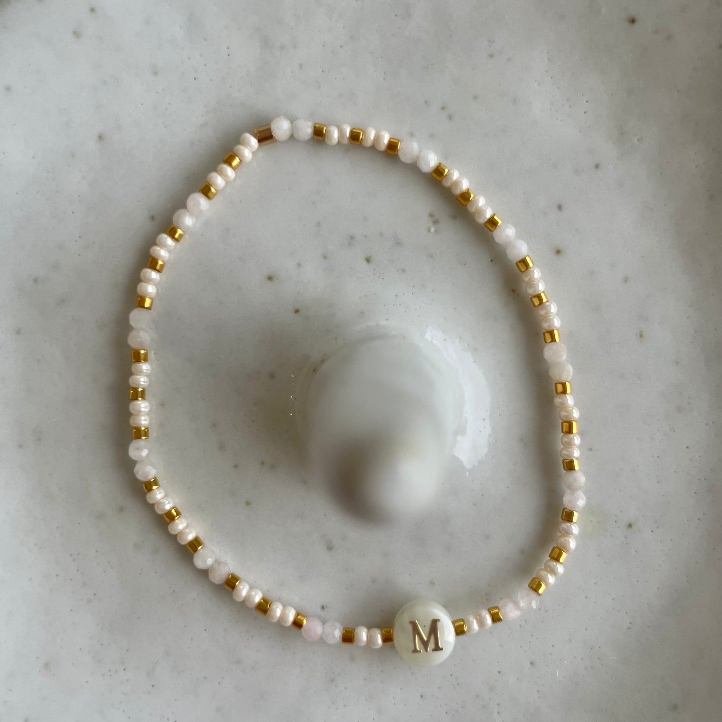 Dahlia Crystal + Mother of Pearl Initial Beaded Bracelet N-Z