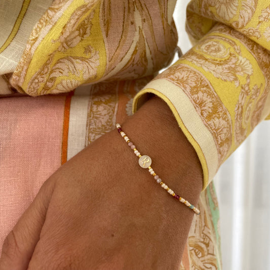 Dahlia Crystal + Mother of Pearl Initial Beaded Bracelet A-M