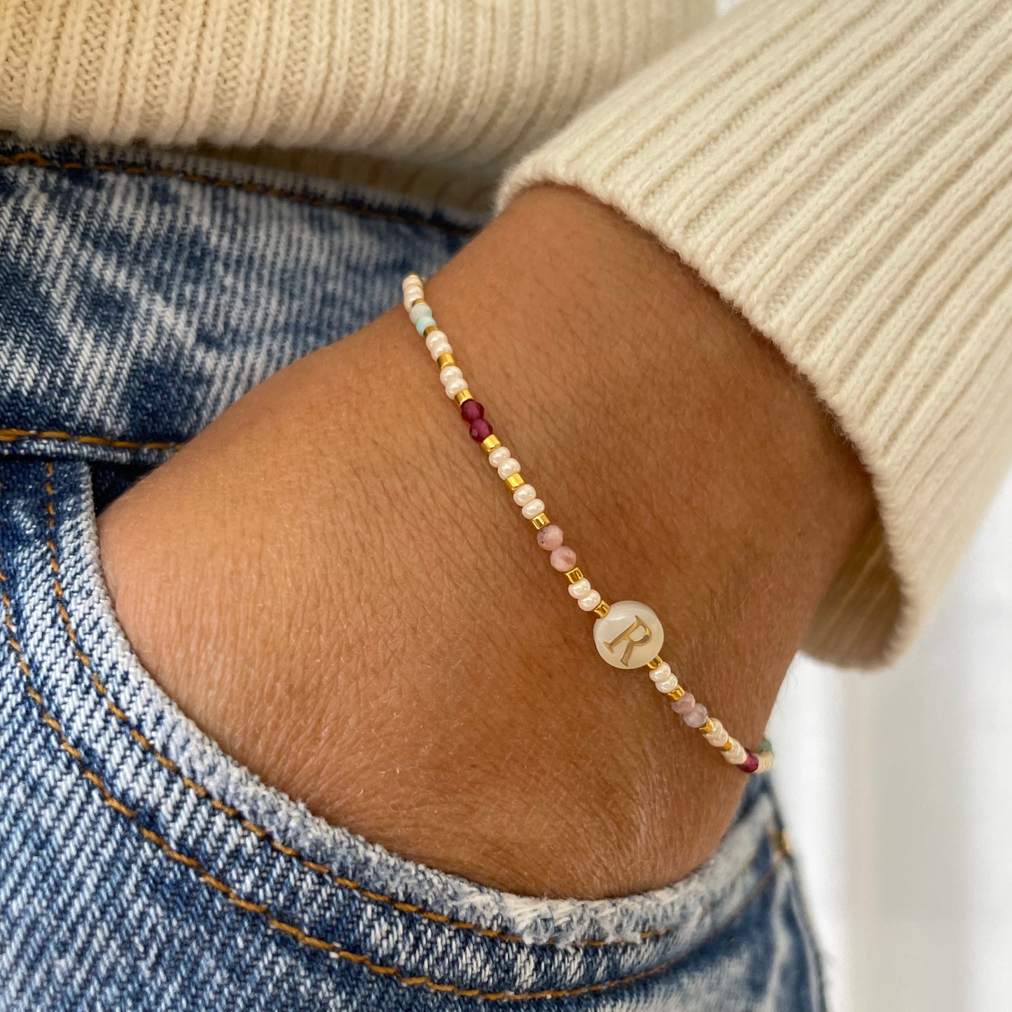 Dahlia Crystal + Mother of Pearl Initial Beaded Bracelet A-M